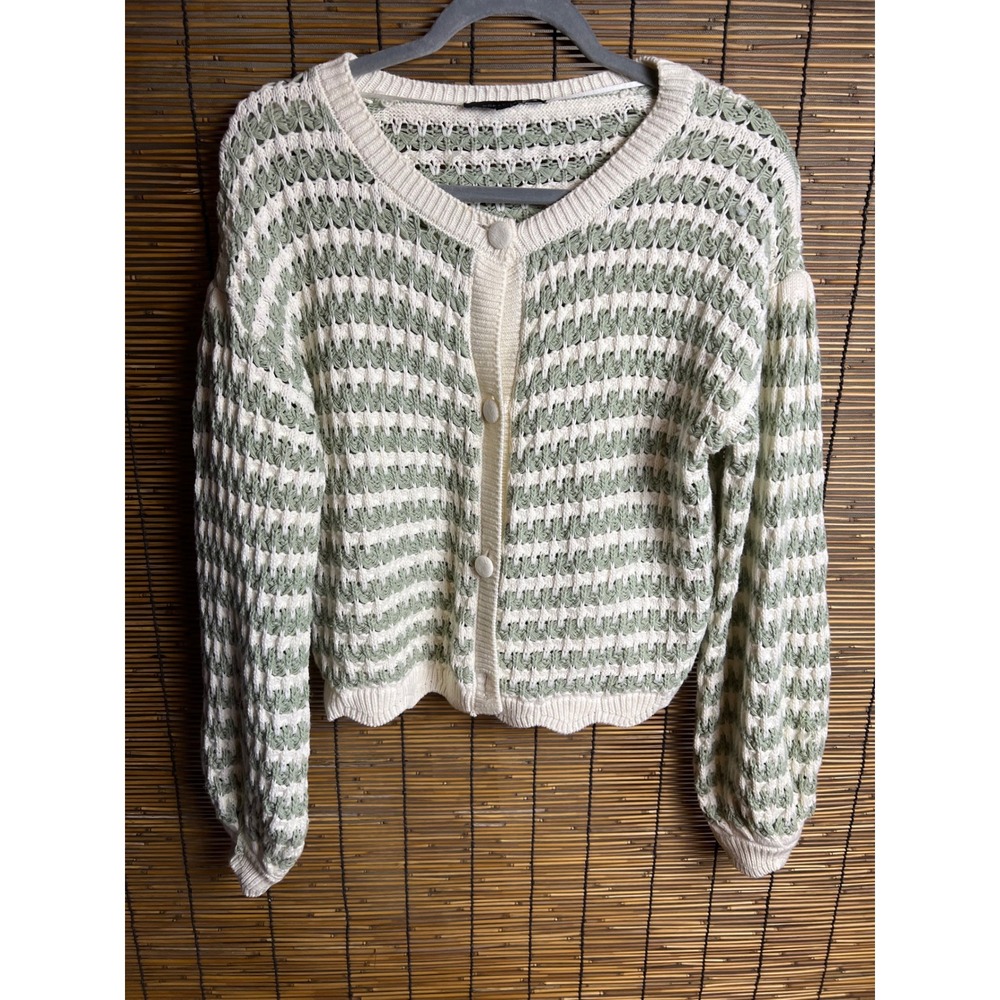 Broadway Sage Green Cream Striped Open Knit Cardigan Sweater Womens XL Boho